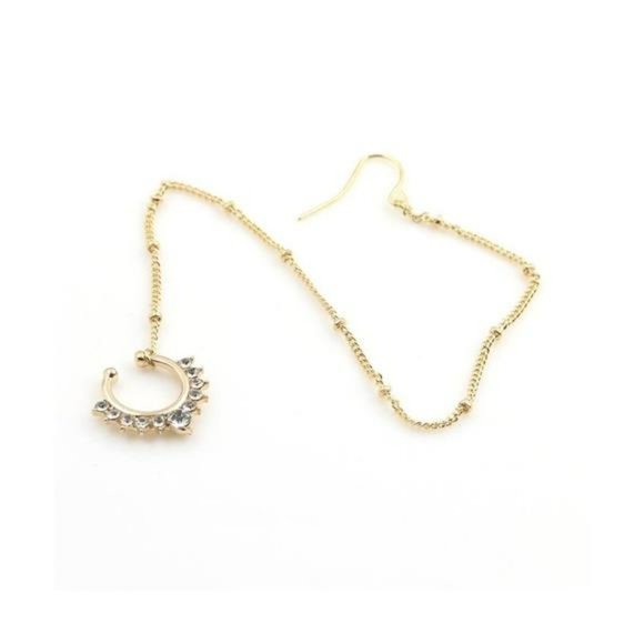 Fake Septum Ring Non Pierced Stud Nose to Ear Chain - Picture 1 of 16